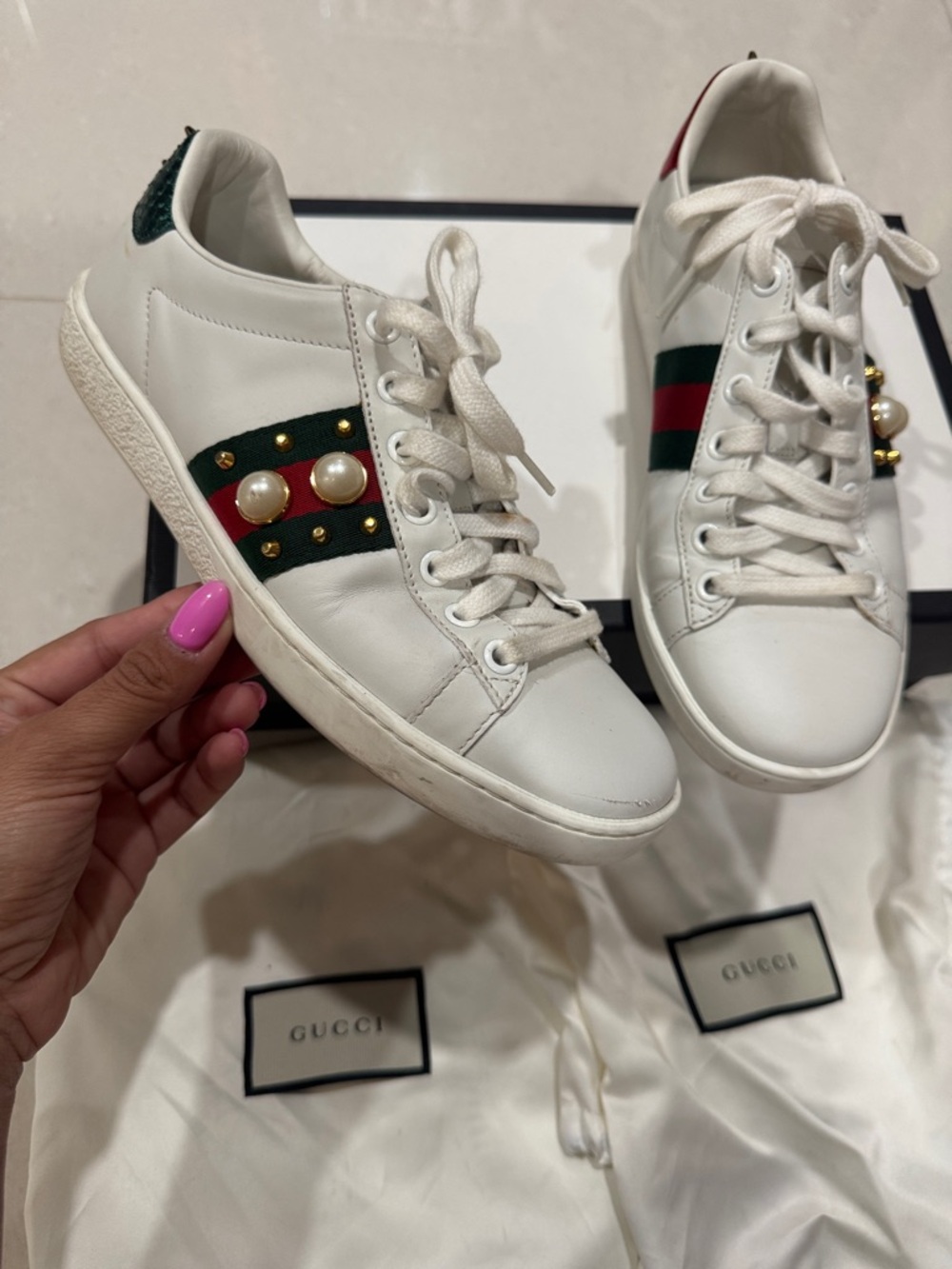 Gucci White Leather Low-Top Sneakers with Red & Green Web and Pearl Accents